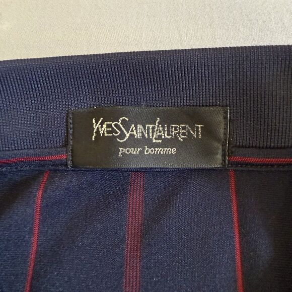 Vtg Yves Saint Laurent YSL 100% Silk Navy Red Stripe Polo Shirt Mens Approx. XXL - Picture 14 of 16